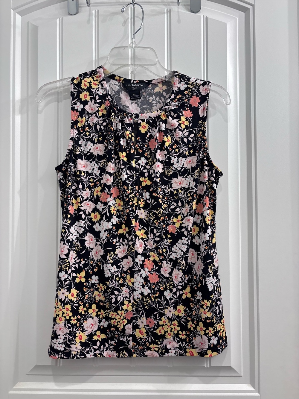 Liz Claiborne Black Floral Sleeveless Tank with Pink & Yellow Blooms